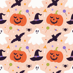 Halloween holiday seamless pattern with hand drawn elements: pumpkin, ghost, hat, bat, candy. Cute vector background.