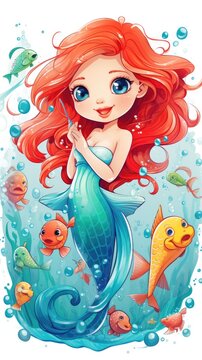 A little mermaid with red hair and a fish tail