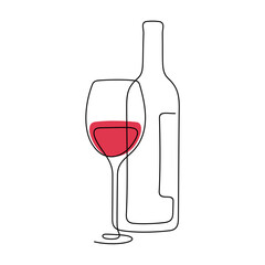 Red wine bottle and glass continuous line colourful vector illustration - 637563859