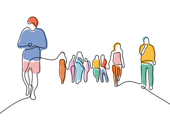 People walking on street continuous line colourful vector illustration