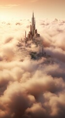 A city in the middle of a cloud filled sky
