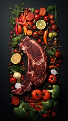 A piece of meat surrounded by vegetables and fruits