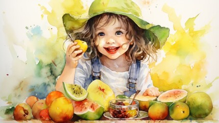 A painting of a little girl holding a piece of fruit