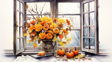 A watercolor painting of a vase of flowers and pumpkins