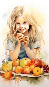 A little girl sitting at a table with a plate of fruit