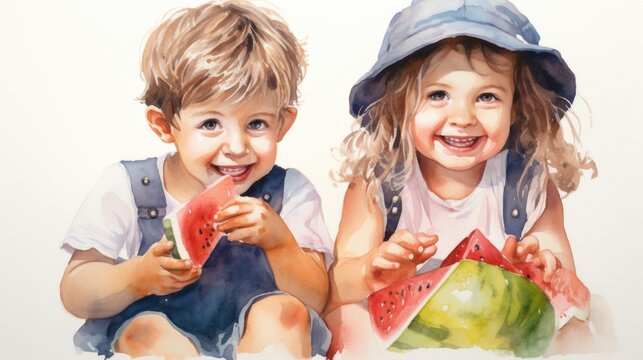 A couple of kids sitting next to each other and eating watermelon