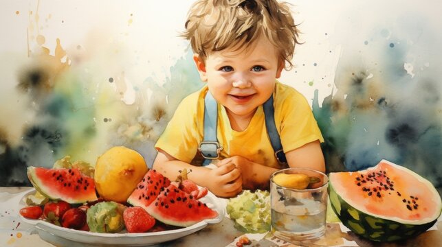 A little boy sitting at a table with a plate of watermelon