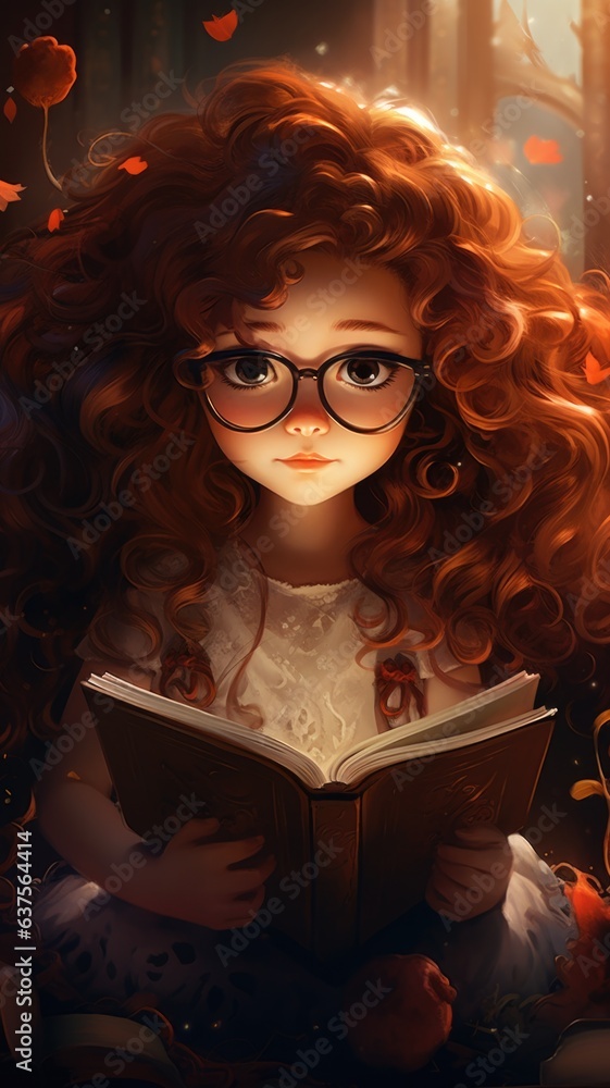 Canvas Prints a girl with red hair and glasses reading a book