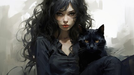 A painting of a woman holding a black cat