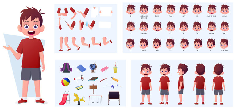 Cartoon Boy Character Constructor with Boy in Front, Side And Rear View. Lip-sync, Face Emotions, Gestures and poses premium Vector