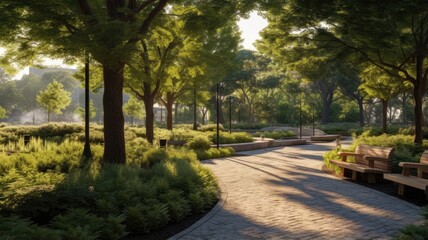 A park landscape with thoughtfully designed pathways, seating areas, and green spaces, emphasizing the creation of inviting and functional outdoor environments