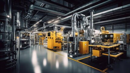 A factory floor with machinery producing sleek and functional products, showcasing the intersection of aesthetics and usability in industrial design