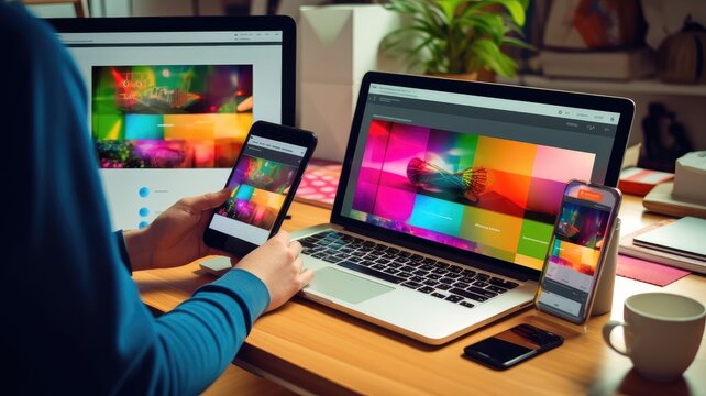 A person interacting with a user-friendly and visually appealing website on different devices, showcasing the user-centered focus of web design