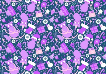 Naklejka premium Christmas animals seamless cats and gift box and tree and toys pattern for wrapping paper and fabrics