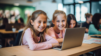 Fototapeta na wymiar Happy young girls sitting in a coding class, learning basic programming skills. Generative AI