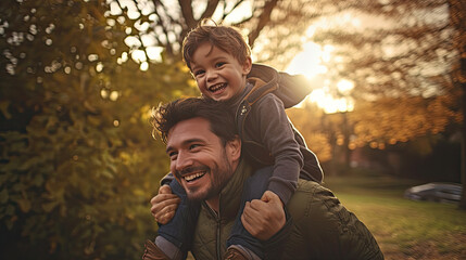 Father giving son ride on back in park. Portrait of happy father giving son piggyback ride on his shoulders and looking up. Cute boy with dad playing outdoor. - obrazy, fototapety, plakaty