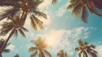 Blue sky and palm trees view from below, vintage style, tropical beach and summer background, travel concept
 - obrazy, fototapety, plakaty