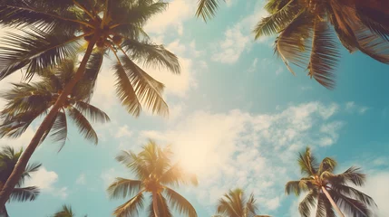 Fotobehang Strand zonsondergang Blue sky and palm trees view from below, vintage style, tropical beach and summer background, travel concept 