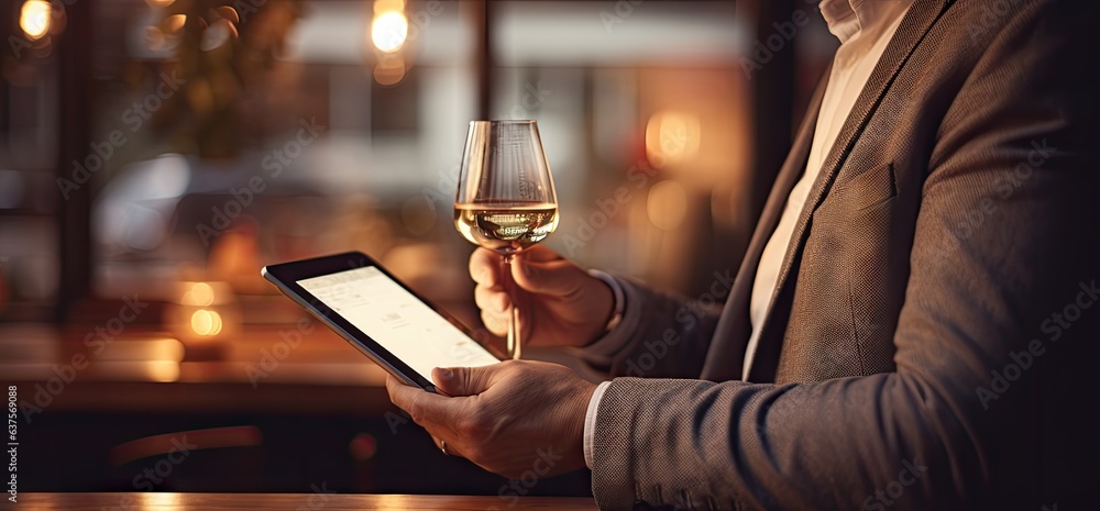 Poster man uses tablet at the cafe with wine generative ai