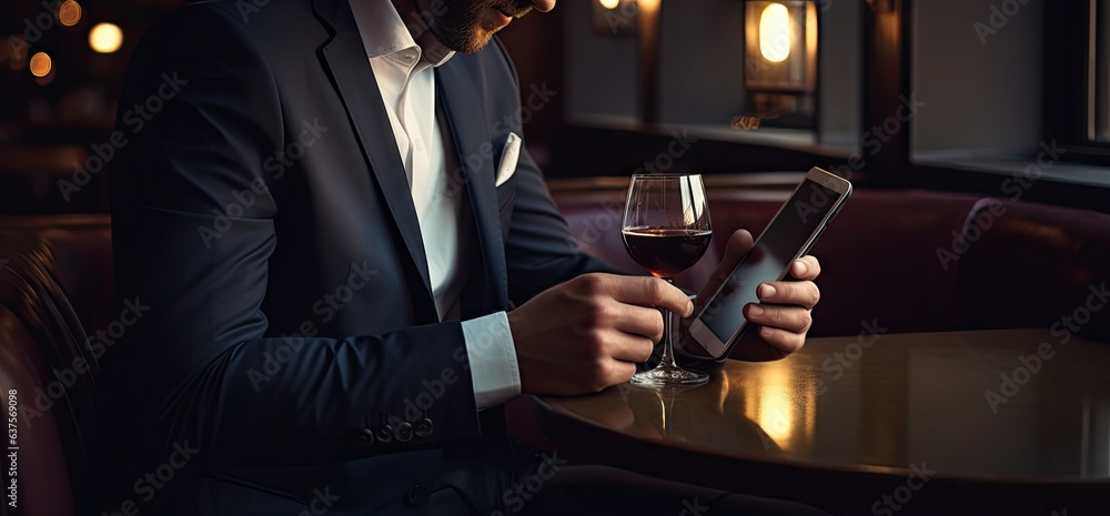 Aufkleber man uses tablet at the cafe with wine generative ai