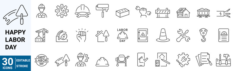 Set of 30 line icons related to happy labor day, repair, construction, renovation. Outline icon collection. Vector illustration. Editable stroke.