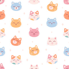Cute cat faces seamless pattern. Cat characters with different emotions and facial expressions. Vector illustration in flat style