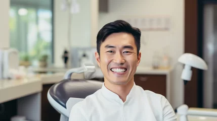 Fotobehang Portrait of a smiling Asian man sitting in the dentist's office. Laughing Chinese guy with perfect teeth waiting in a doctor's cabinet. Cheerful handsome young Japanese man, dental treatment © Valua Vitaly