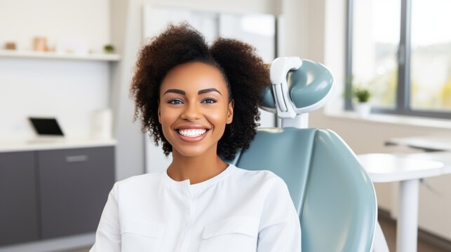 Portrait Of A Smiling African American Woman Sitting In The Dentist's Office. Laughing African Girl With Perfect Teeth Waiting In A Doctor's Cabinet. Cheerful Young African Girl, Dental Treatment