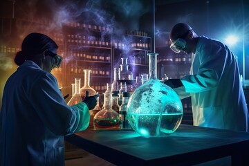 Naklejka premium professional health care researchers working in life of medical science laboratory, technology of medicine chemistry lap experiment for hospital | Generative AI
