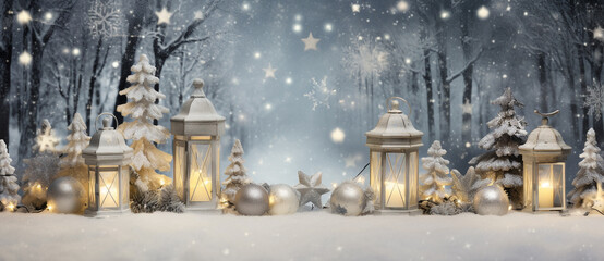 Christmas lighted lanterns standing on snowy ground against a background of bokeh of holiday lights, ground view, copy space.