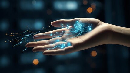 Robot hand holding and touching a holographic projection isolated on a black background reaching out. Blue digital hand reaching forward. 3D rendering of a blue female cyborg holding out a hand. - obrazy, fototapety, plakaty