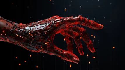 Foto op Plexiglas Robot hand isolated on a black background reaching out. Red digital hand reaching forward. 3D rendering of a female cyborg holding out a hand. Electronic arm stretched out glowing with a red light. © Valua Vitaly