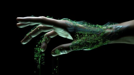 Robot hand isolated on a black background reaching out. Green digital hand reaching forward. 3D rendering of a female cyborg holding out a hand. Electronic arm stretched out glowing with a green light