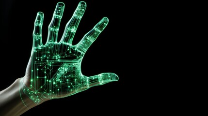 Robot hand isolated on a black background reaching out. Green digital hand reaching forward. 3D rendering of a female cyborg holding out a hand. Electronic arm stretched out glowing with a green light