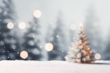 blurred christmas tree and lights on abstract white snow background
