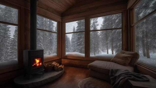 interior of a room, snowy and cozy relaxing fireplace ambience