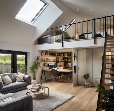 interior of scandi design double garge conversion with mezzanine study at apex