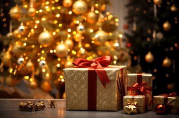 Gift boxes wrapped in paper with red ribbons stand in a room on the floor next to a Christmas tree with golden balls against a backdrop of blurred yellow lights. Soft warm light. Copy space.