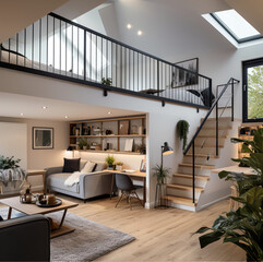 interior of scandi design double garge conversion with mezzanine study at apex - obrazy, fototapety, plakaty