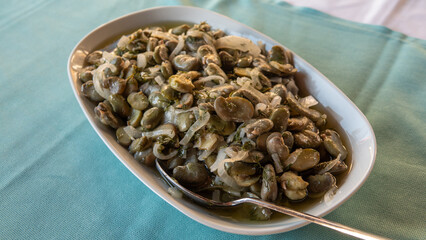 Traditional Turkish food; Fresh broad bean salad with olive oil, broad beans, onion and dill (Turkish name; iç bakla) Mediterranean style fava beans.