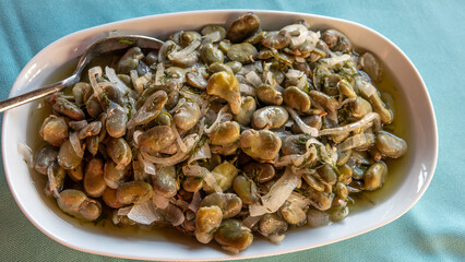 Traditional Turkish food; Fresh broad bean salad with olive oil, broad beans, onion and dill (Turkish name; iç bakla) Mediterranean style fava beans.