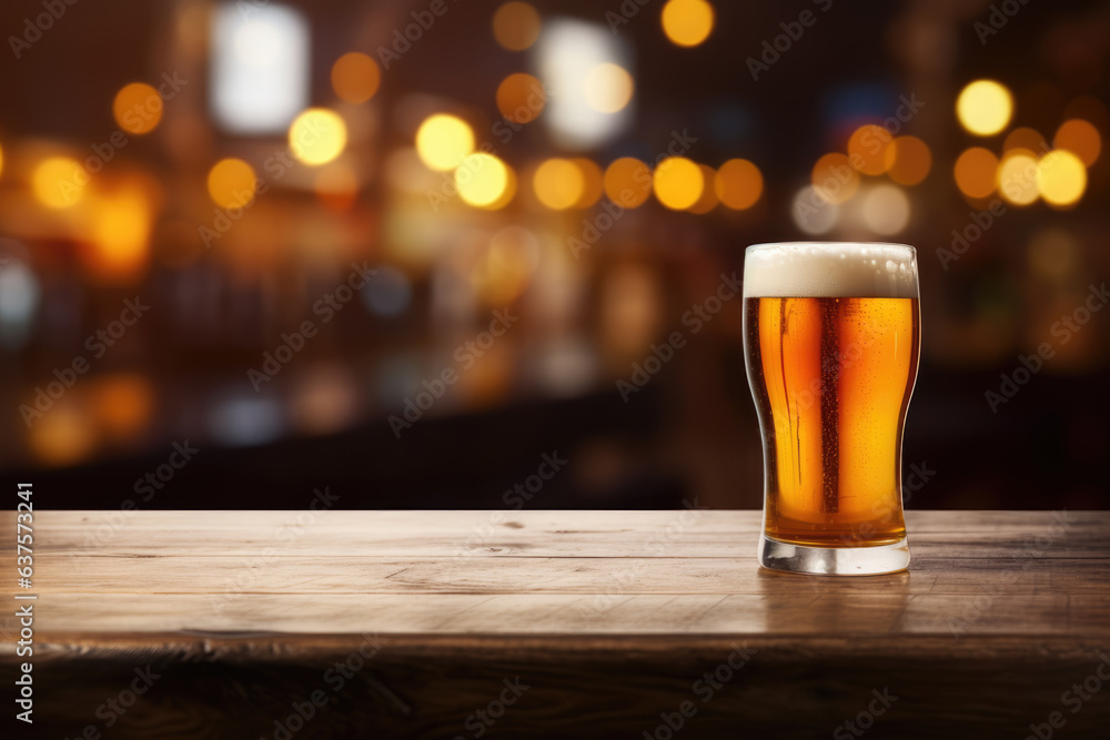 Poster refreshing glass of beer sitting on a wooden table, creating an inviting atmosphere in a cozy bar se