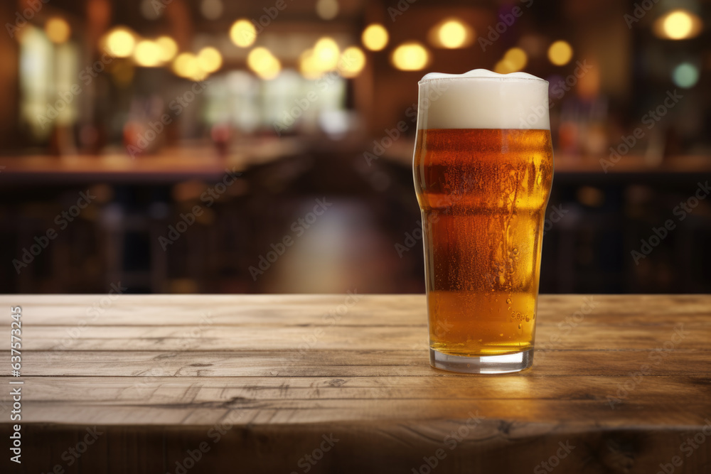 Poster refreshing glass of beer sitting on a wooden table, creating an inviting atmosphere in a cozy bar se