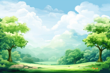Fototapeta premium Charming cartoon illustration of a picturesque landscape featuring trees on a green meadow under a sky adorned with fluffy clouds.