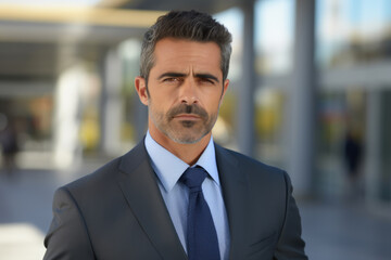 Fototapeta premium Poised and confident businessman is captured in this image, wearing a grey suit and a blue shirt. His professional demeanor and approachable smile make him an ideal representation of business success.