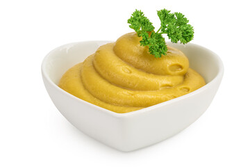 Mustard sauce in ceramic bowl isolated on white background