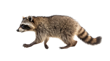 a raccoon walking/running, side view in a Nature-themed, illustration in a PNG, cutout, and isolated. Generative AI