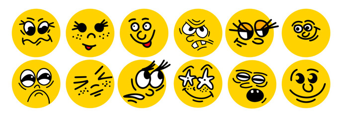Set of yellow emoticons isolated on white background. Set of circle colored faces of people. Vector illustration