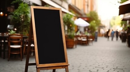 Blank restaurant shop sign or menu boards near the entrance to restaurant. Cafe menu on the street. Generative AI
