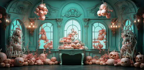 Fototapeta premium Aesthetic Halloween background in neoclassical style with pastel shades of pink and turquoise.
